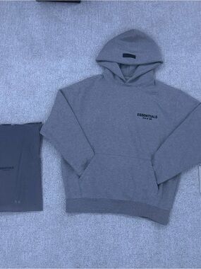 ESSENTIALS Heather Grey Hooded Pullover with Chest Logo